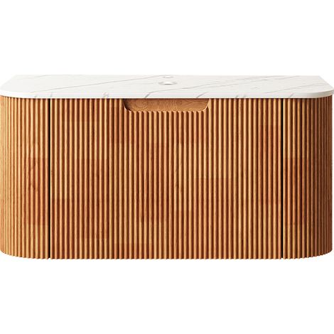Meuble de salle de bain suspendu de 76 cm avec plateau blanc Carrara, bords arrondis, caisson en contreplaqué rayé avec tiroir, pré-assemblé, lavabo et bonde non inclus, aspect bois naturel. (1/5)