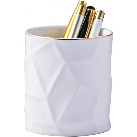 BEBUSINGOTO Portalápices de cerámica redondo irregular para escritorio, bonito portalápices dorado, organizador de escritorio (blanco) (1/5)