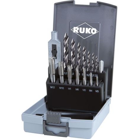 Ruko Einschnittgewindebohrer HSS + ULTIMATECUT Spiralbohrer DIN 338 HSS Typ FLOWSTEP® Spitze in ABS-Kunststoffkassette 15 tlg. (1/2)