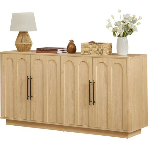 Buffet à façade cintrée avec 4 portes, charnières à fermeture douce et dispositif anti-basculement, meuble de rangement de 160 cm de large pour le salon et la salle à manger, couleur bois (1/5)