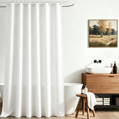 Rideau de douche, 280 x 200 cm, blanc pur, ourlet lesté, anti-moisissure, imperméable, lavable, en tissu polyester, pour salle de bain, baignoire avec 16 anneaux de rideau de douche (1/5)
