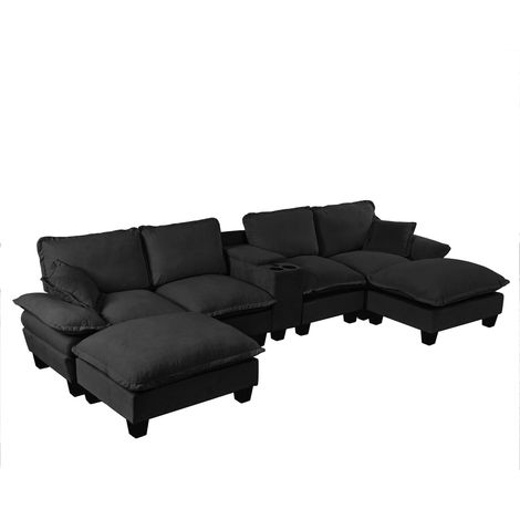 Canapé cloud modulaire en U, style voilier avec porte-gobelets et rangement, port USB, 2 ottomans et 2 coussins, revêtement en chenille pour appartements et salons, noir (1/5)