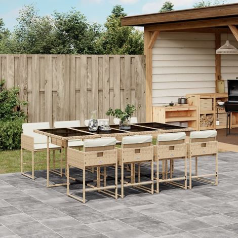 Set comedor de jardín 9 pzas con cojines ratán sintético beige vidaXL