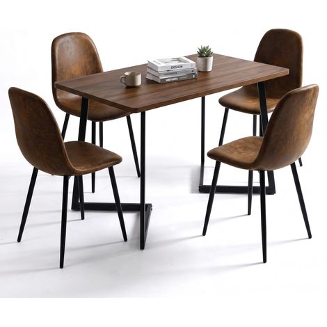 FurnitureR Essgruppe 5-teilig mit Tisch und 4 Stühlen in Walnussoptik  5-teiliges Set mit Tisch in Walnussoptik und 4 Stühlen aus braunem Wildlederimitat für bis zu 4 Personen (1/5)