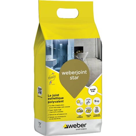 Weber Saint-Gobain Joint carrelage hydrofugé décoratif, Blanc Pur, 5 kg,  spécial intérieur et extérieur,Mortier, largeur 2 à 10mm, WEBERJOINT STAR (1/3)