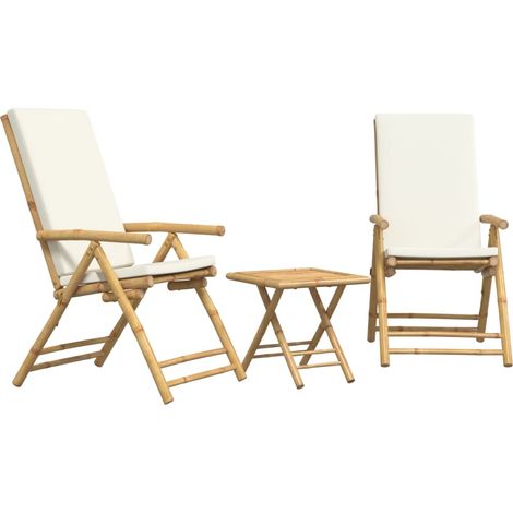 Ensemble de bistro pliante 3 pcs et coussins blanc crème bambou (1/4)