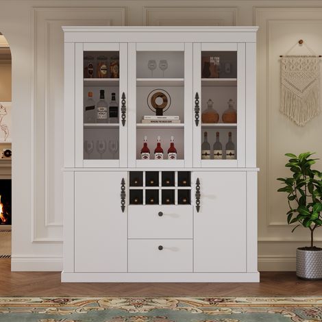 Vitrine 130 x 37,5 x 170,5 cm, armoire sur pieds avec 2 tiroirs et 4 battants, meuble en verre lumineux LED, rangement de salon 130 cm, étagère polyvalente avec 8 compartiments à bouteilles, grand meu (1/5)