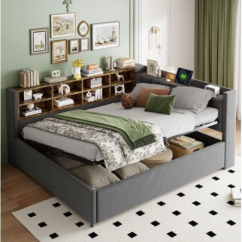 letto contenitore 140x200 con USB LED velluto grigio OKMYHOME (1/5)