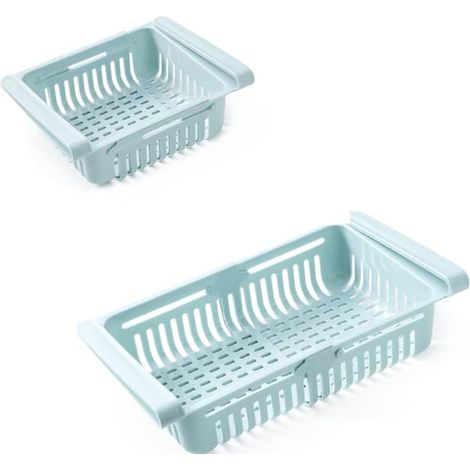 Caja de almacenamiento de plástico para debajo del estante del refrigerador, tipo cajón retráctil, caja de almacenamiento para refrigerador, ahorra espacio para congelador, frutas y verduras (azul) (1/4)