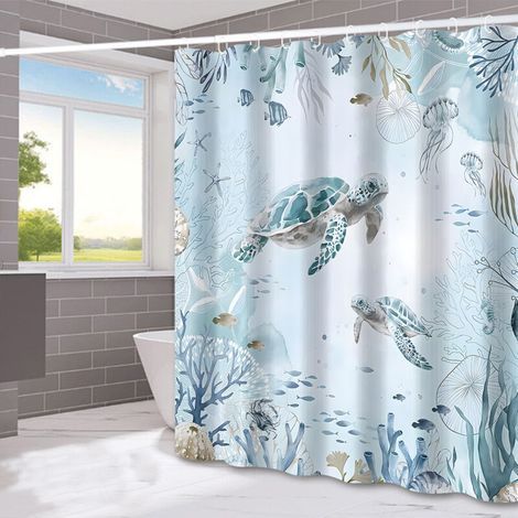 Lntyq Rideau de douche Tortue de mer Bleu Océan Algues Rideau de bain Tissu polyester Anti-moisissure Imperméable Lavable Rideau de salle de bain 180 x 180 cm avec 12 crochets pour baignoire (1/5)