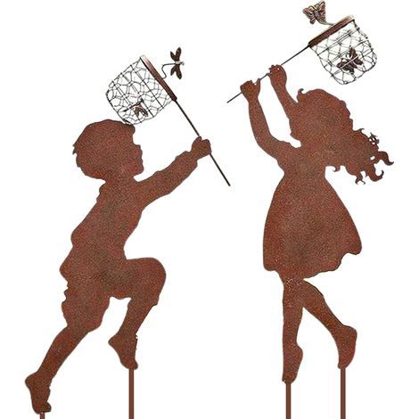 1 Paire de silhouettes métalliques enfant jardin, décoration extérieure printemps avec papillons, pour parterres et pelouse. (1/5)