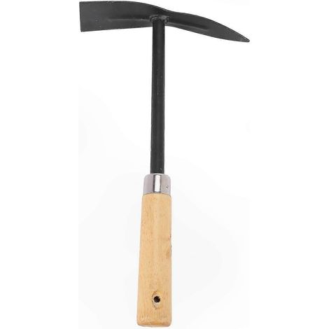 Houe de jardin en métal avec manche en bois, utilisée pour creuser et planter. (1/4)