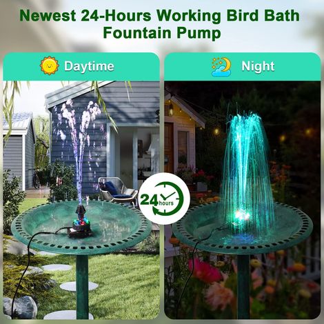 Mini pompe à eau avec lumière LED, fontaine à oiseaux fonctionnant 24 heures, 7 buses, câble d'alimentation de 5 m et adaptateur inclus dans la livraison, pour jardin, fontaine, pompe d'aquarium