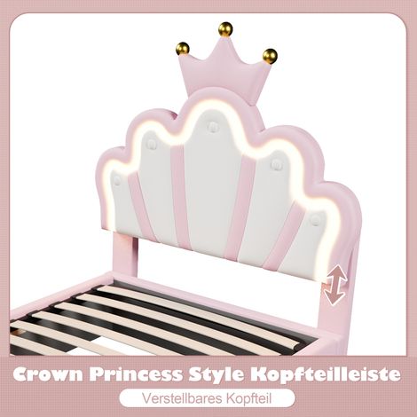 Lit couronne princesse 90x200 cm, sans matelas, bande LED intégrée, mécanisme hydraulique relevable, tête de lit réglable, mousse PU, rose (1/5)