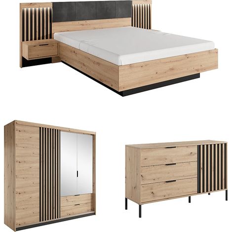 Ensemble lit avec chevets 160 x 200 cm + Commode + Armoire - Coloris : Naturel et noir - ARIADA