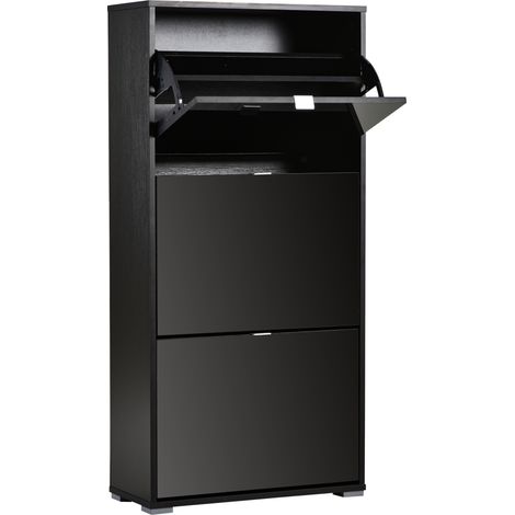 HOMCOM Schuhschrank mit 3 Klapptüren und 3 Fächern, Holz, 60 x 26 x 124 cm, schwarz lackiert