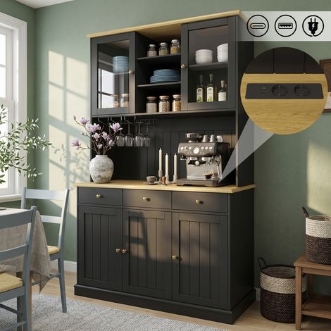Buffet Haut Vaisselier Cuisine 120 x 40 x 191 cm Portes Vitrées Porte-Verres Prises USB Rangement Salle à Manger (1/5)