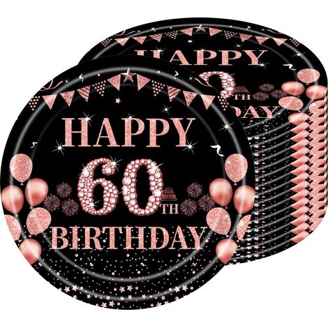 16 PCS Assiette Jetable 9 Pouces,Assiette Anniversaire Noir Rose Or,Decoration Anniversaire 60 Ans,Assiette Dessert Jetable pour Fêtes Joyeux Anniversaire Decoration,Kit Vaisselle Jetable Anniversaire (1/5)