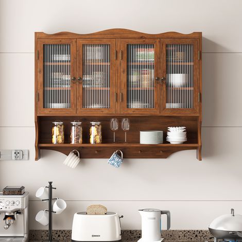Mobile da parete a 4 ante 100x20x80 cm, con spazio portaoggetti aperto, ripiani rimovibili, legno massello e vetro marrone (1/5)