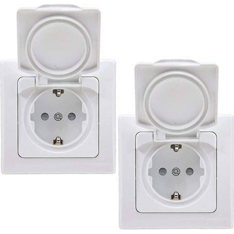 2 Prise Ip44 Avec Couvercle Rabattable Et Cadre - 2 Prises Encastres Avec Contact De Protection, Pour Pices Humides Et Extrieur, 230 V - Blanc (1/5)