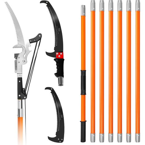 Scie à élaguer télescopique 2-en-1 2,38–8,23 m perche 8 sections filetée, 2 lames acier carbone + sécateur poulie géant, outil arbres fruitiers jardin, Orange (1/5)