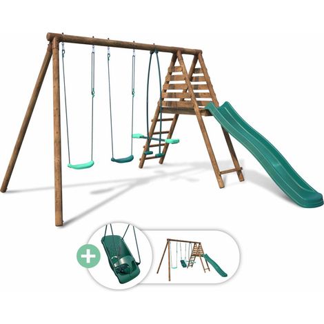Portique bois rond 4 agrès avec toboggan JONQUILLE (1/5)