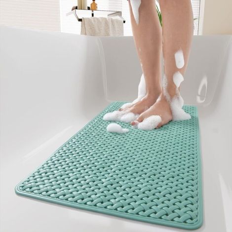 Tapis de Bain Antidérapant 100x40 cm, Grand Tapis de Douche avec Ventouses et Trous de Drainage, Lavable en Machine, pour Baignoire et Cabine de Douche, Vert (1/5)