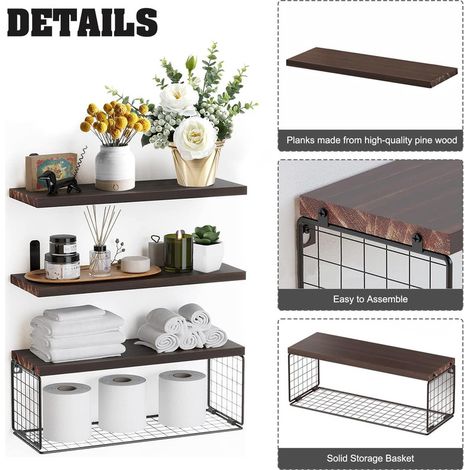 Étagères Flottantes En Bois Avec Panier Métallique, Étagère Murale, Étagère À Épices, Étagère Suspendue Pour Salle De Bain, Chambre, Salon, Buanderie (Marron, Lot De 3) (1/4)