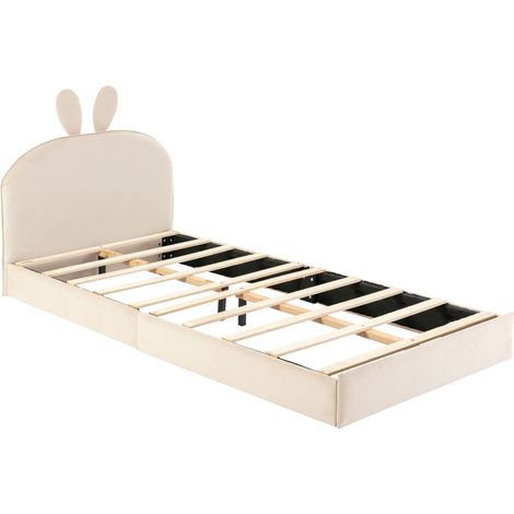 Cama infantil tapizada con cabecero de conejo en terciopelo beige 90 x 200 cm (1/5)