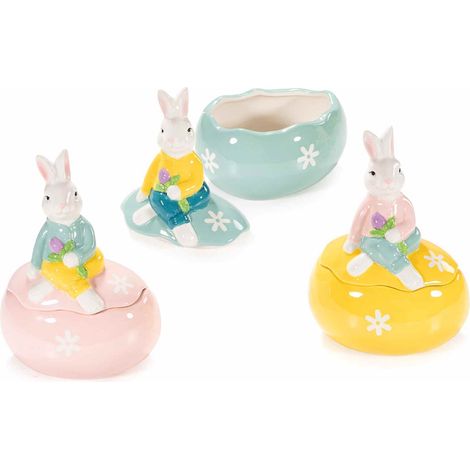 Set 3 Barattoli da Cucina con Coniglio Pasquale e Uovo in Ceramica Colorata (1/3)