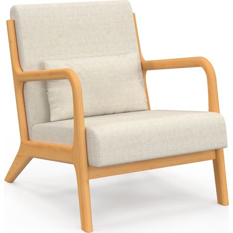 Fauteuil scandinave JOSEPH en tissu beige accoudoirs et pieds bois (1/5)