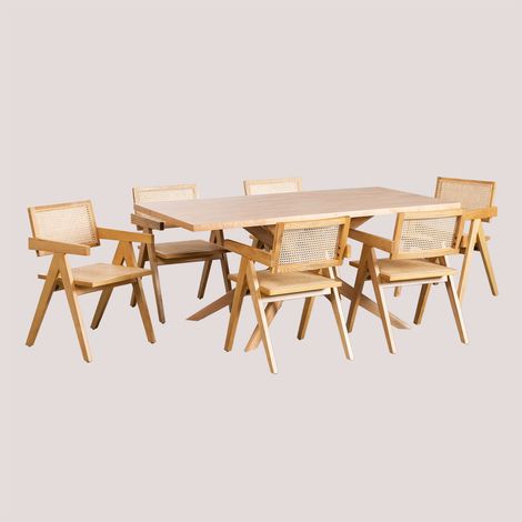 Set de Mesa de Comedor Rectangular (180x90 cm) Arnaiz Y 6 Sillas con Reposabrazos en Madera de Fresno y Ratán Lali Style SKLUM              (1/5)