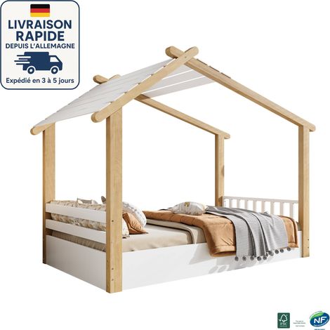 Cama infantil de 90 x 190 cm - Cama infantil estilo cabaña - Diseño de cabaña de madera, somier estable, diseño sencillo, pino, tablero de partículas y MDF, color blanco y natural (1/5)