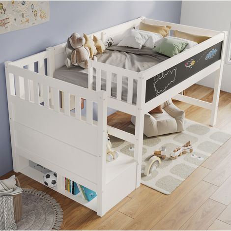 Letto a soppalco per bambini 90x200 cm bianco in MDF e legno con lavagna e contenitore (1/5)