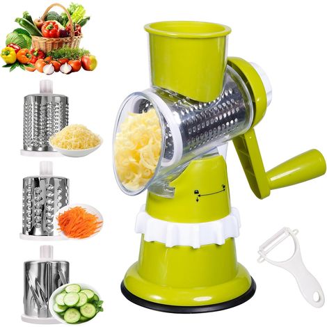 Râpe fromage rotative manivelle - Base ventouse 3 lames inox - Légumes noix - Vert (1/5)