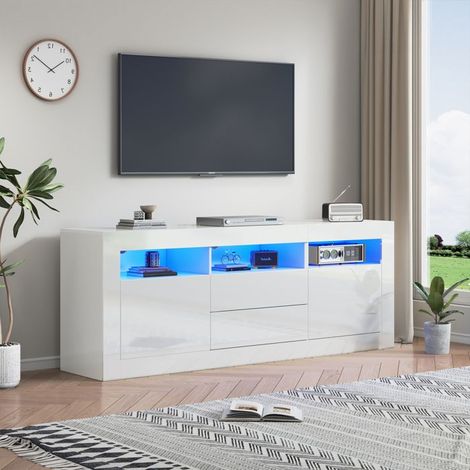 Mueble de TV lacado brillante, con iluminación LED, 2 puertas, 2 cajones, mueble de salón, 160 x 35 x 60 cm