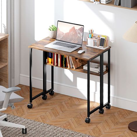 HOMCOM Bureau Pliable sur Roulettes - Étagère & Sac de Rangement Inclus, 80x50cm, Brun Rustique
