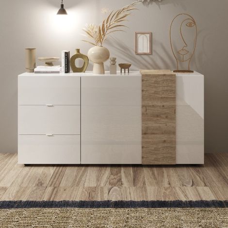 Madia 2 ante e 3 cassetti linea Olimpo finitura Bianco Lucido e Rovere Kadiz (1/4)