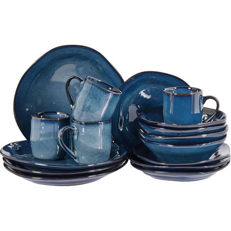 Conjunto de 16 piezas vajilla de gres caolín artesanal acabado esmalte reactivo azul Hawthorn (1/5)