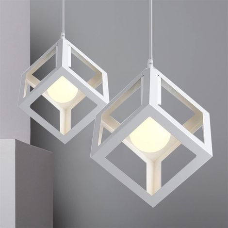 2PCS Lampe de Plafond Industrielle E27 Plafonnier Lustre Suspension Cage Métal Blanc (1/4)