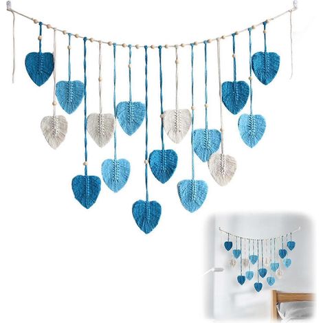 Tapisserie murale en macramé, style bohème, grande tapisserie tissée, motif feuilles, bleue, idéale pour la chambre à coucher, le salon ou la chambre d'enfant. (1/5)