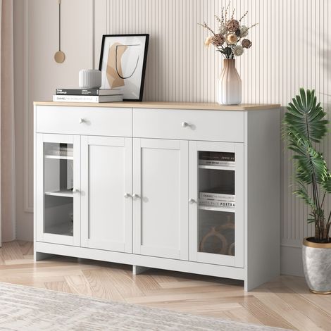 Buffet bois et blanc avec 4 portes dont 1 vitrée et 2 tiroirs meuble de rangement pour salon et salle à manger (1/5)