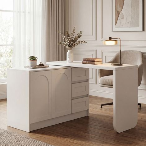 Bureau d'angle L pivotant 360° blanc 3 tiroirs placard gain de place ordinateur domicile H75 L110-170 P40cm espace travail - Blanc (1/5)