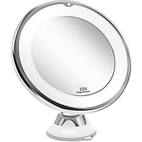 Miroir Grossissant 10x - Lumineux LED avec Forte Ventouse - Batterie - Miroir Maquillage avec Lumière Natur Dimmable pour Les Salles de Bain - Blanc (1/5)