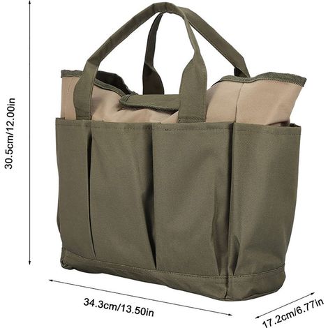 Sac de rangement multifonction robuste pour outils jardin, sac porte-outils durable transporteble en Oxford, dimensions 34.3x17.2x30.5 cm, couleur vert et kaki (1/5)