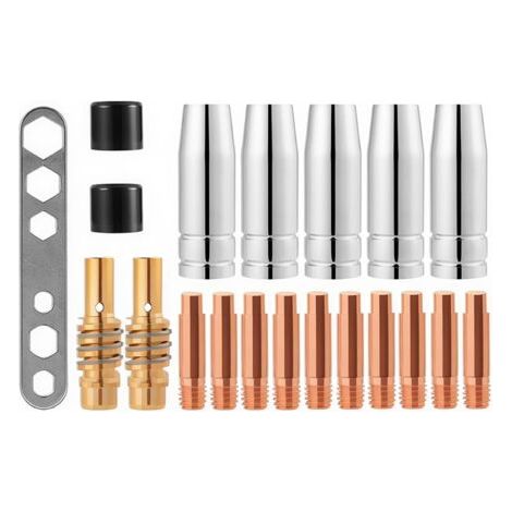 20 Pcs Embouts de Contact de Buse de Soudage 15AK MIG/MAG Ensemble de Support de Connecteur de Gaz M6 0,8x25mm (10 x Contact, 5 x Buse, 2 x Connecteur, 2 x Isolant, 1 x Outil)