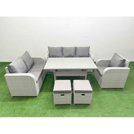 Fimous Patio PE Wicker 8 Seater Outdoor Rattan Furniture Sofa Sets with Rectangular Dining Table Reclining Chair Loveseat Sofa 3 Seater Sofa Stool Light Grey (1/4)