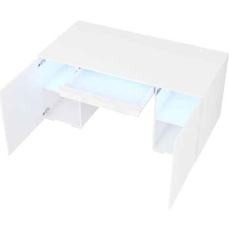 Scrivania moderna bianca lucida 140 x 50 cm con LED, 1 cassetto e 2 ante (1/5)
