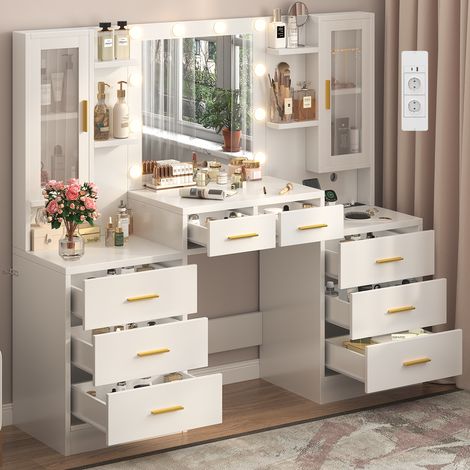 Coiffeuse avec 10 globes lumineux LED, 3 couleurs, coiffeuse avec prise et grand miroir, 8 tiroirs et 6 Étagères, 40P X 150L X 135H cm, Blanc (1/5)