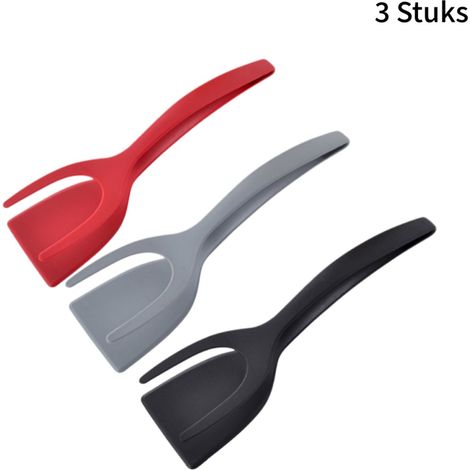 Pince de cuisine en nylon 3 pièces avec spatule - Modèle 2 en 1 - pour poisson et steak - Revêtement antiadhésif - Rouge/gris/noir (1/5)
